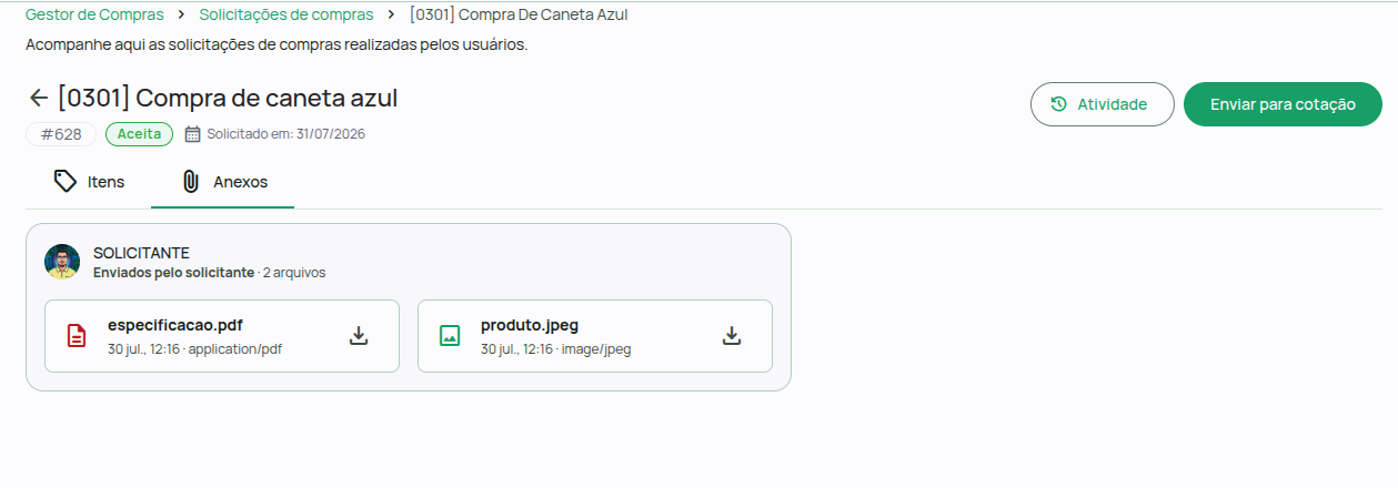 Anexos de documentos nas solicitações