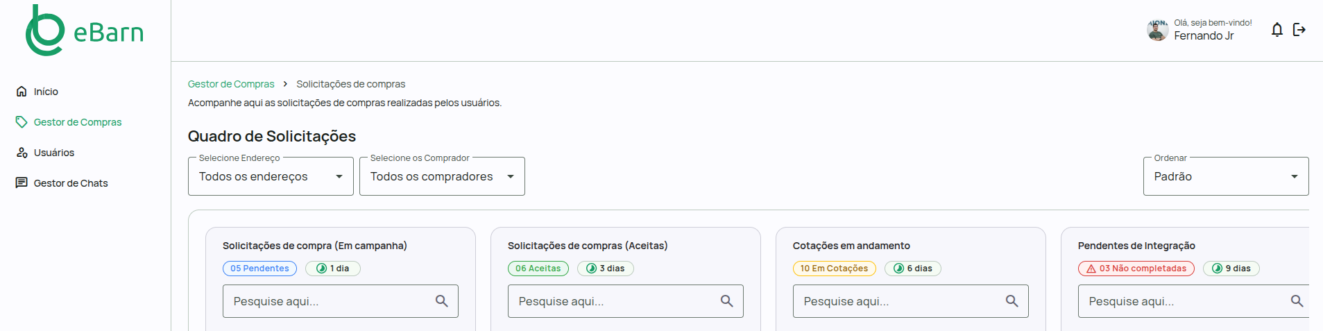 Filtros, ordenação e exibição de filiais na Gestão de Compras