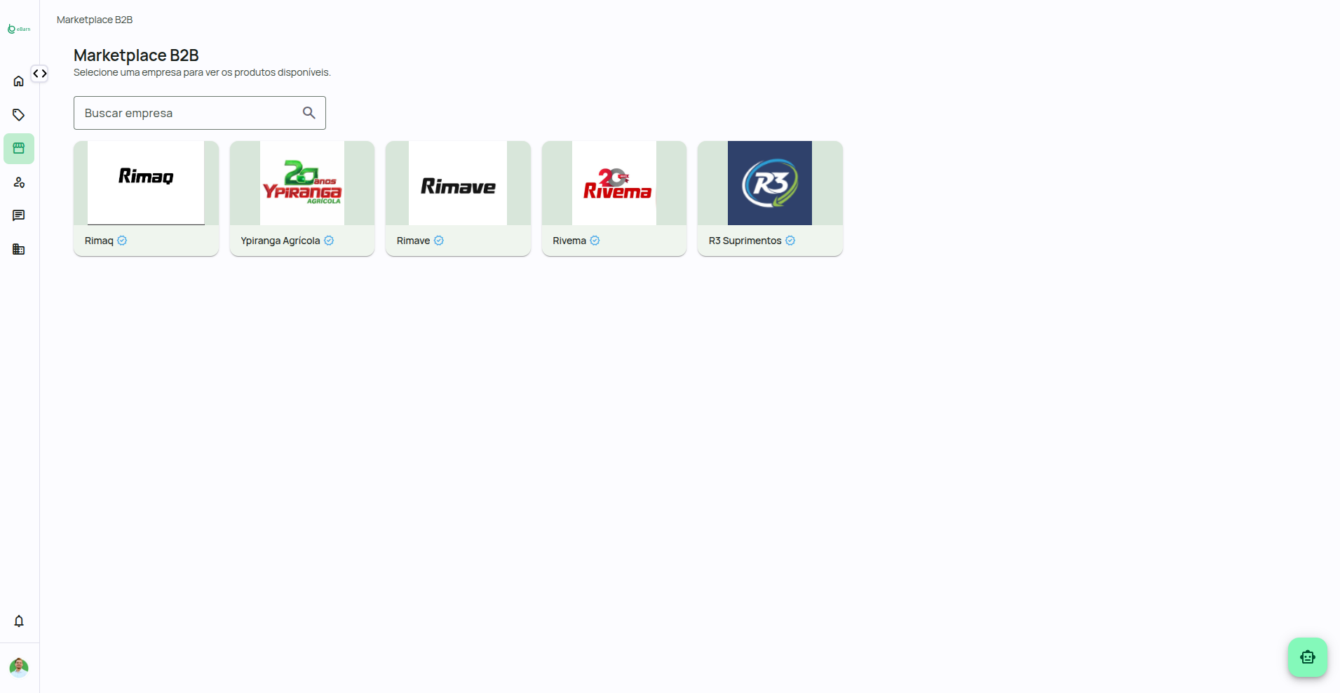Tela do Marketplace B2B com o catálogo de fornecedores oficiais do eBarn